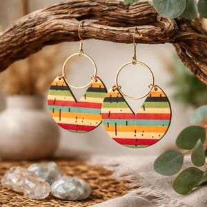 Boho Colorful Striped Geometric Wood Drop Earrings Gold Plated Alloy Statement